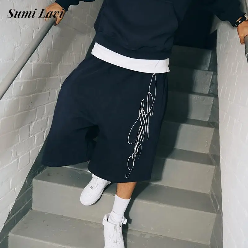 

Мужские винтажные шорты в стиле стритвир, свободные шорты до колен в стиле хип-хоп с завязками, летние модные шорты Y2K с вышивкой букв