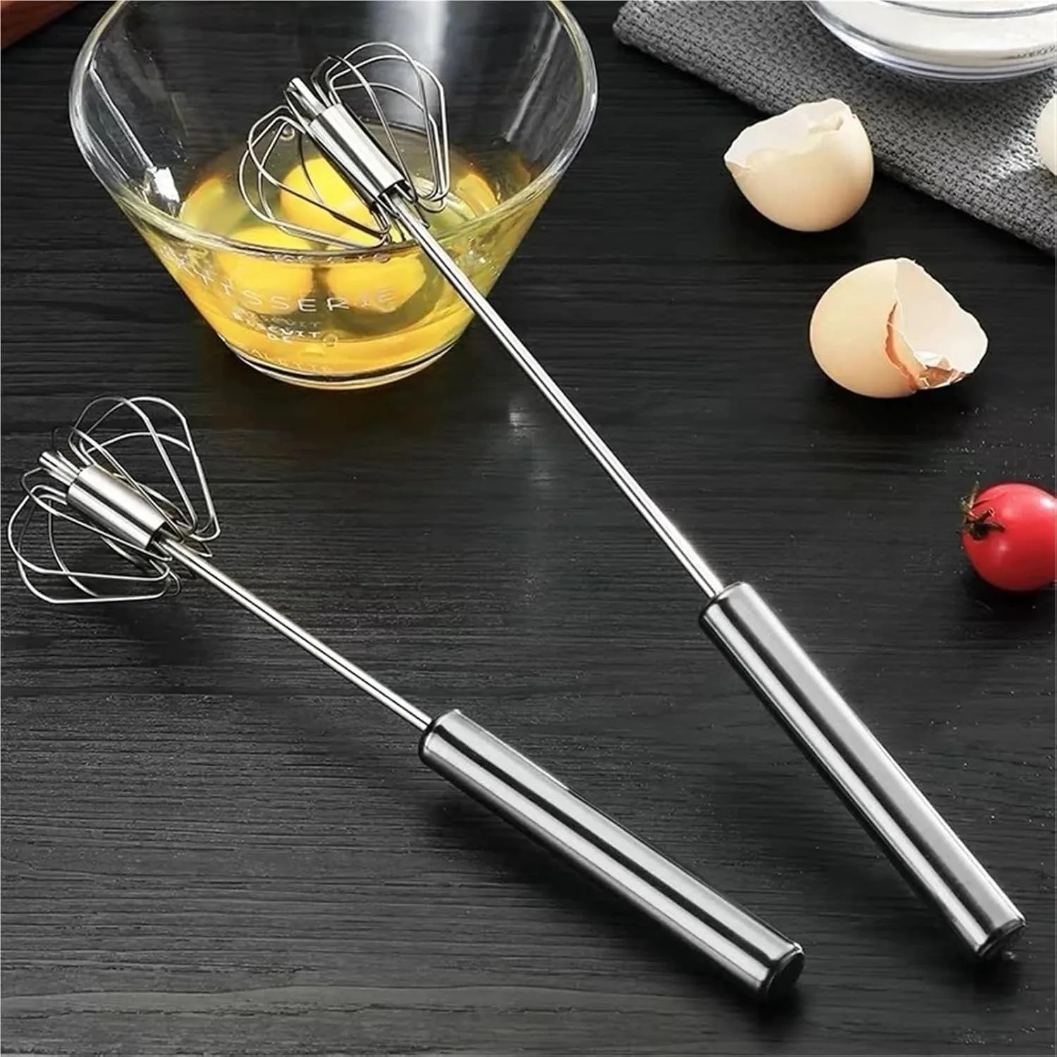 1 Stück Halbautomatischer Edelstahl-Schneebesen, Handbetriebener Rotations-Eierschneebesen und Manueller Eierklopfbesen zum Mischen, Aufschäumen und Rühren, Langlebiger Metallschneebesen für Küche, Kaffee und Backen