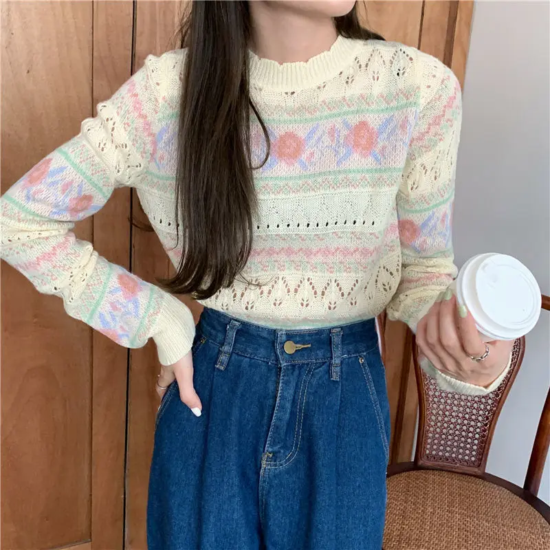 

Stripe Contrast Color Patchwork Hollow Out Pull Femme O Neck High Street Sweater Y2k French Style Gentle Knit Unique Jumpers