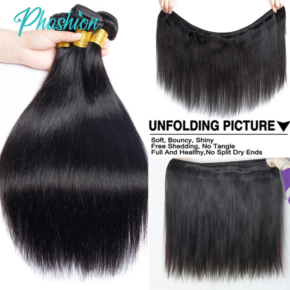 Bundel rambut lurus manusia Phashion 1/3 buah/Lot 30 ekstensi rambut Remy 32 inci UNTUK WANITA HITAM Brasil warna alami tenun