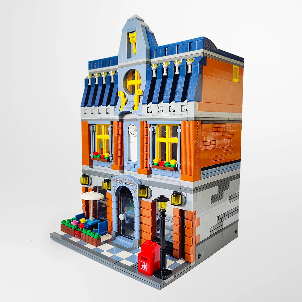 Escena de calle de ciudad, edificios modulares MOC Hill Tavern Architektur, modelo 1367 Uds., bloques de construcción, rompecabezas de ladrillo, juguetes para niños, regalo