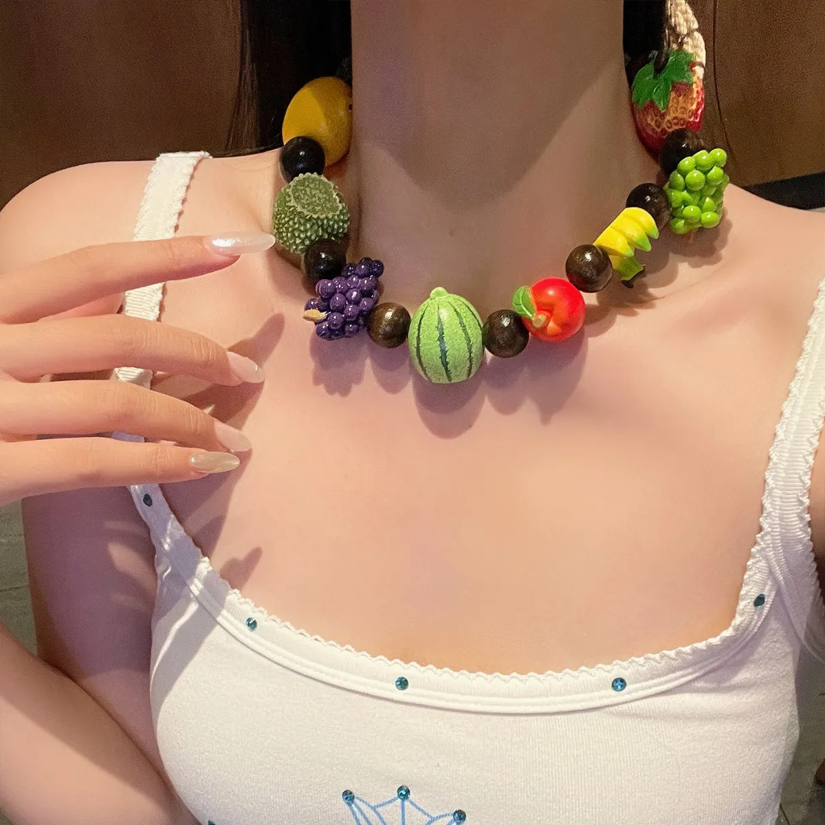 New Summer Dopamine Fruit Beaded Necklace Sweet Cool Y2K Spicy Girl Style Cute Dainty Collarbone Chain Sweet Jewelry for Women