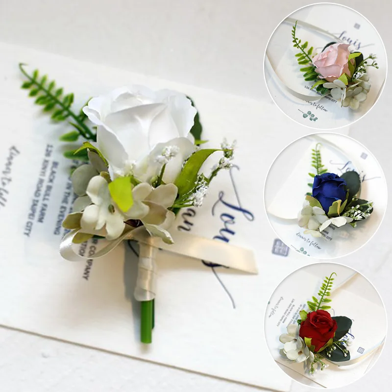 Boutonnieres Flowers Artificial Roses Brooch White Bridal Wrist Corsage Bridesmaid Groomsmen Party Wedding Decorations