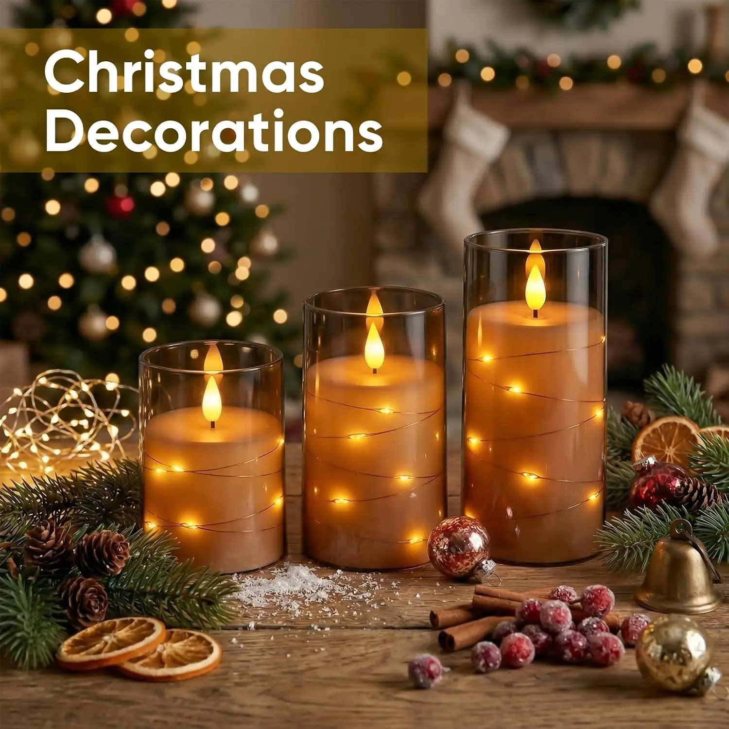 Flickering LED Candle Lights, Battery Operated Flameless Candles with Embedded Fairy Lights, Halloween Home Decoration for Table