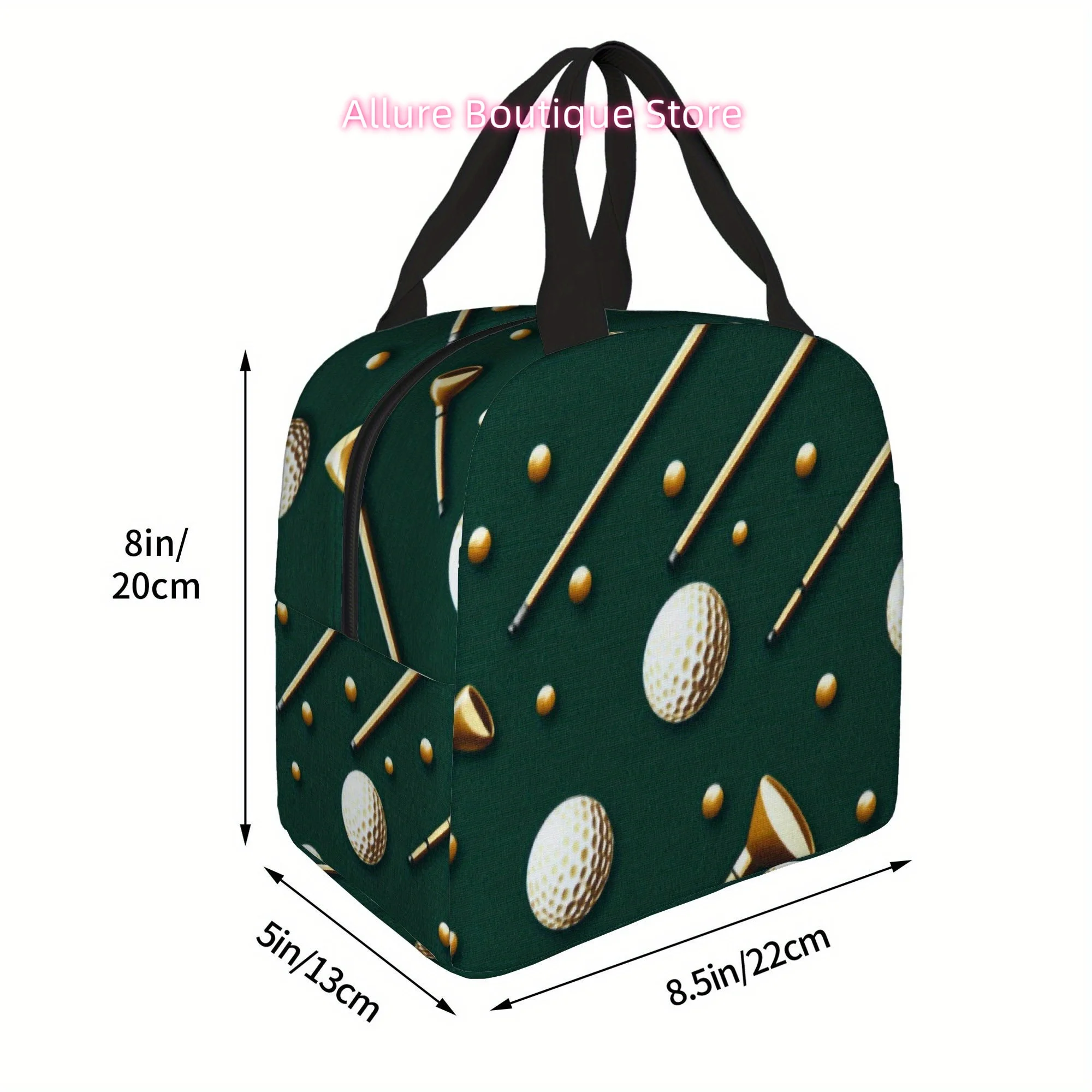 1pc, Golden Golf Balls and Clubs on Green Background. Printed Thermal Bag, Insulation Bag, Insulated Bag. Not for Food Contact.