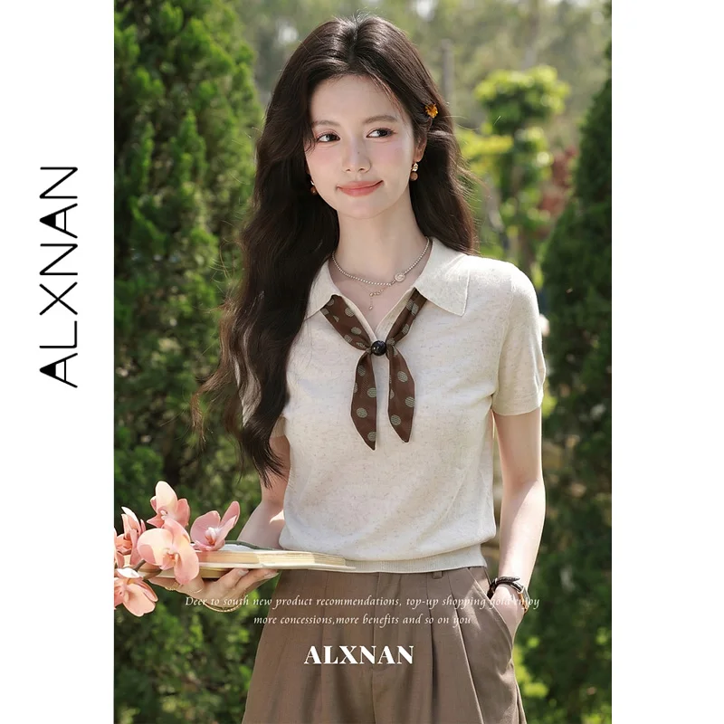 ALXNAN Women's Knit Short Sleeve T-shirt 2026 Summer Slim-fit Elegant Fashion Polo Collar Tops Casual Female Clothing L663130A