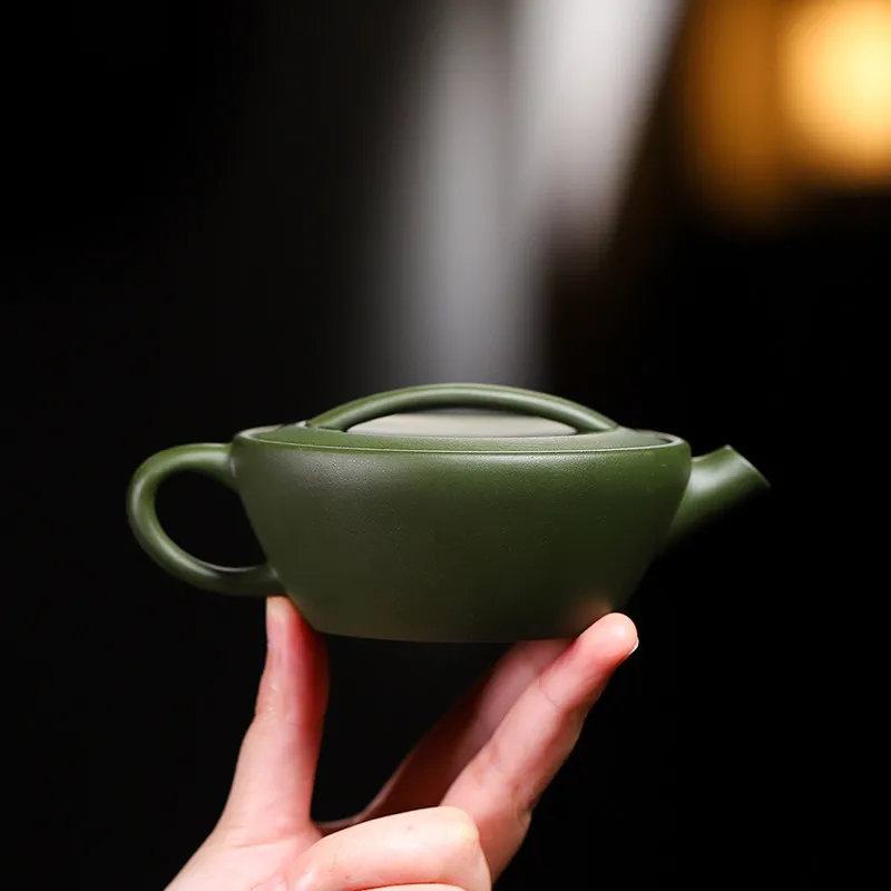 Green Clay Zisha Teapot 160ml Handmade Flat Shape Wide Opening Short Spout Designed for Tea Ceremonies and Decorative Displays