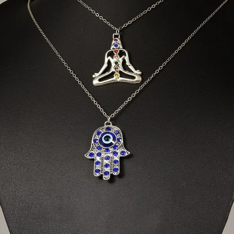 1Pc Vintage Chakra Buddyzm Medytacja Joga Ochrona Amulet Wisiorek Naszyjniki Tureckie Oko Fatima Ręka Grunge Collares Biżuteria