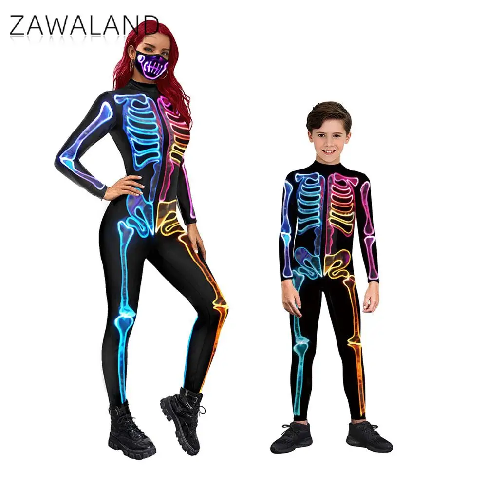 ZAWALAND Zentai kobiety stroje dla dzieci Halloween szkielet body karnawałowe przebranie na karnawał odzież dla rodziców i dzieci kombinezony