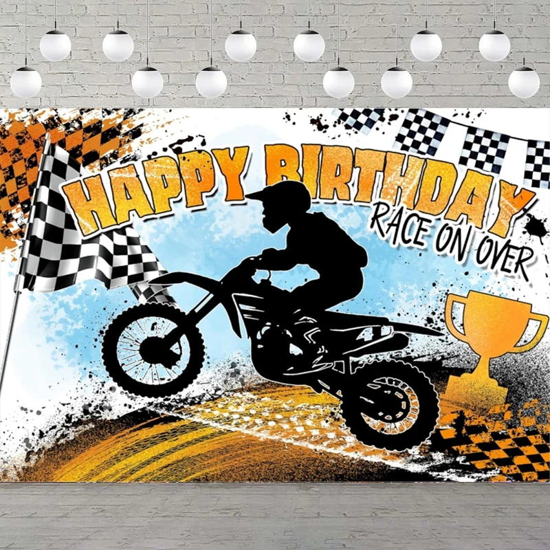Happy Birthday Photography Backdrop Racing Motorcycle Mountain Cross Country Black White Flags Background Party Decor Banner