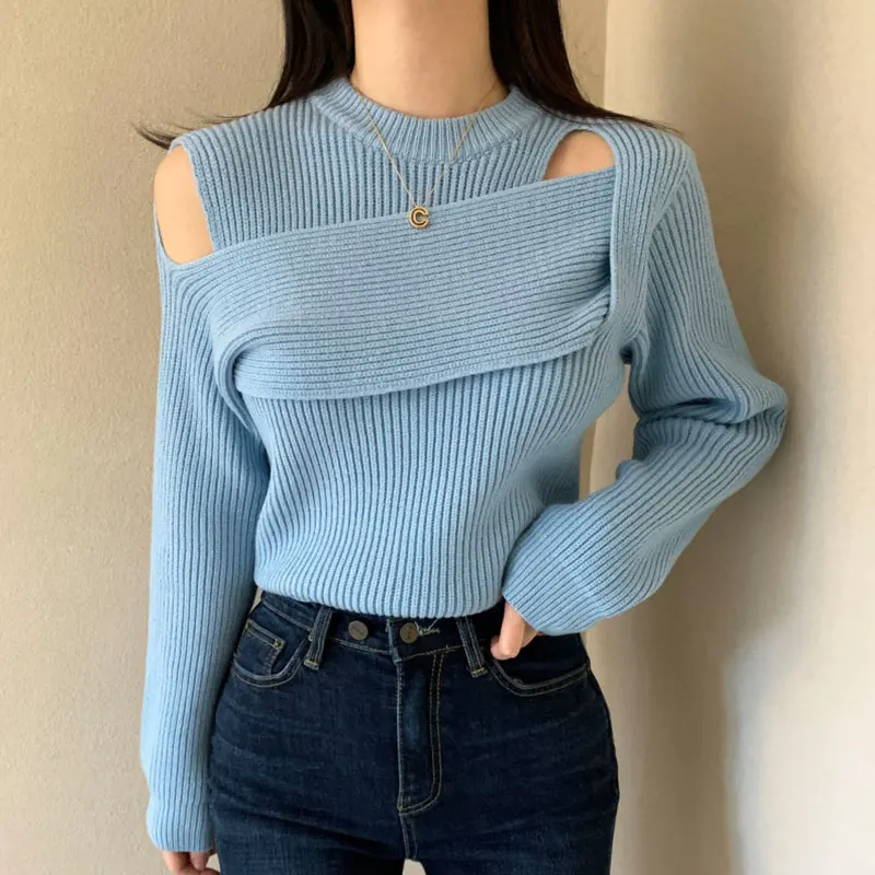 

Chic Autumn Gentle Simple round Ne Sneaky oulder Long Sve Ribbed Knitted Sweater Irregular Design Commute Sle Pure C...
