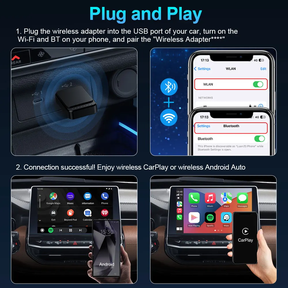 

The Mini Ultra is a compact 2-in-1 wireless CarPlay and Android Auto adapter that delivers fast boot times,excellent audio