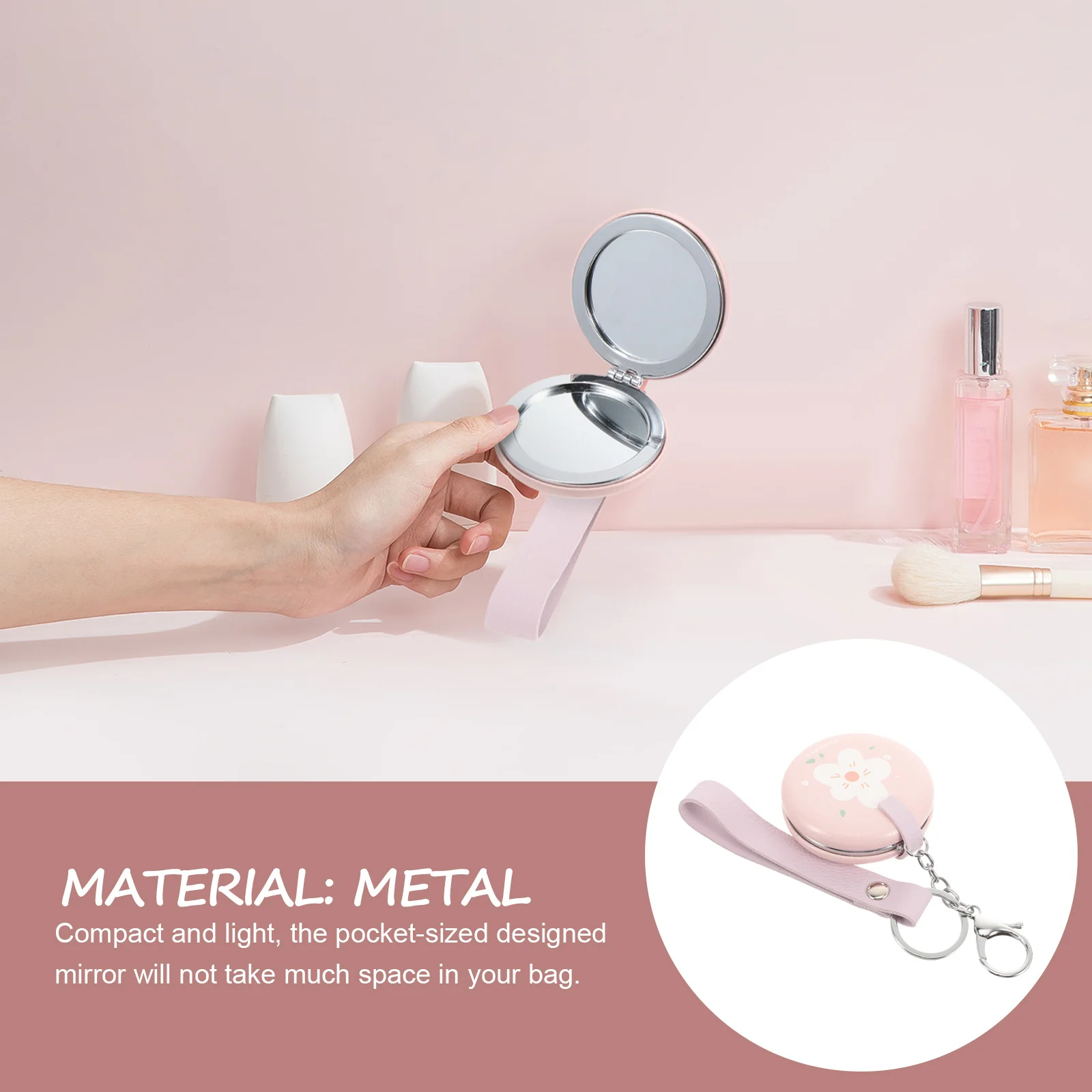 قطعة واحدة من مرآة مكياج قابلة للطي، مرآة جيب محمولة صغيرة دائرية على الوجهين مع حلقة مفاتيح معدنية للسفر #2