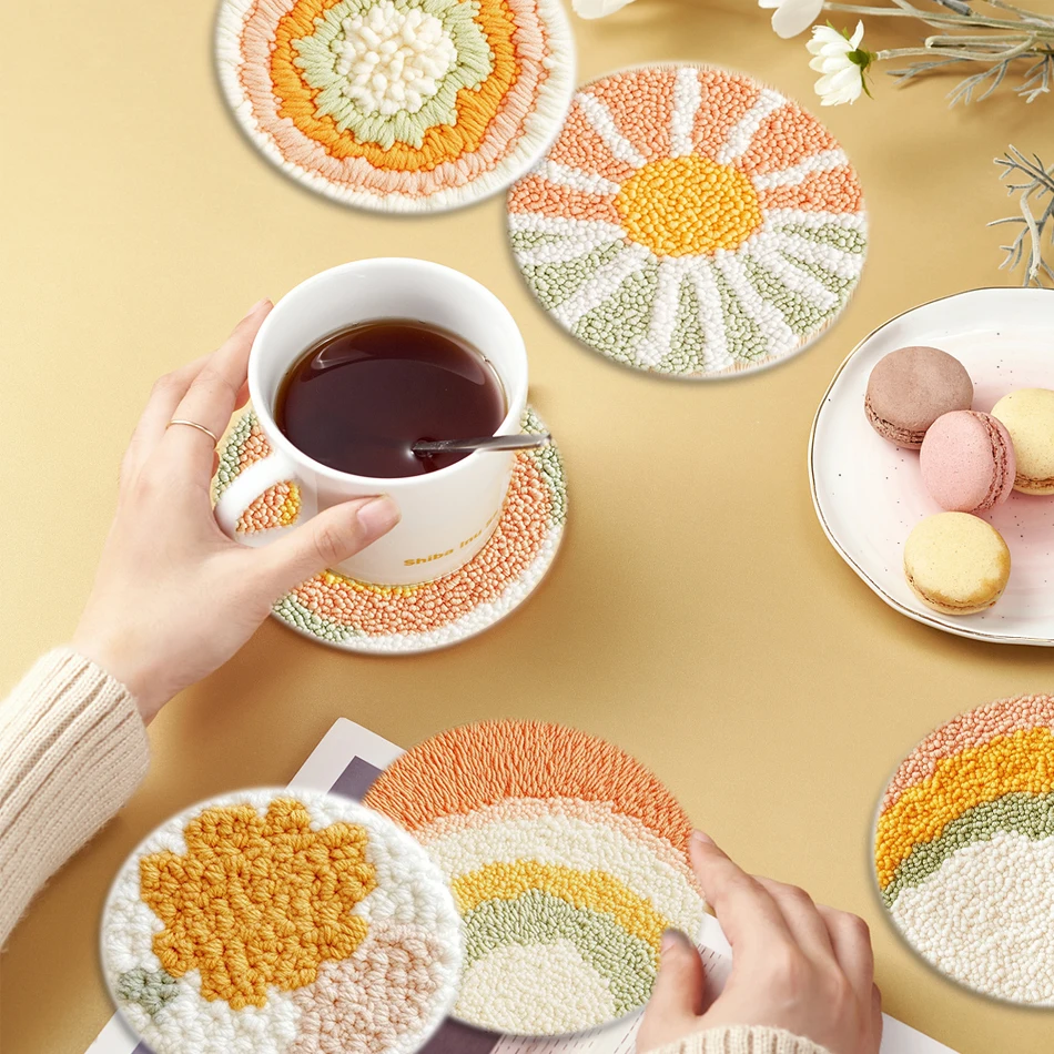 GATYZTORY 6 قطعة لكمة إبرة طقم تطريز لتقوم بها بنفسك متعة الزهور نمط كوستر مجموعة لطاولة طعام فنجان شاي الحصير اليدوية الحرفية سوب