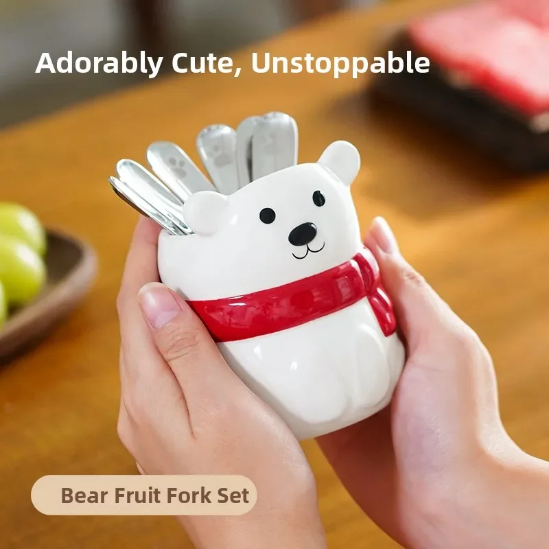 Cute Bear Shaped Children's Fruit Fork Set 304 Stainless Steel Spoon Fork Dual Headed Creative New 2026 No Damage Mouth