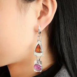 Geometric Punk Simple Pendant Earrings, Vintage Inlaid With Orange And Purple Gems, Suitable For Women's Banquet Memorial Gifts