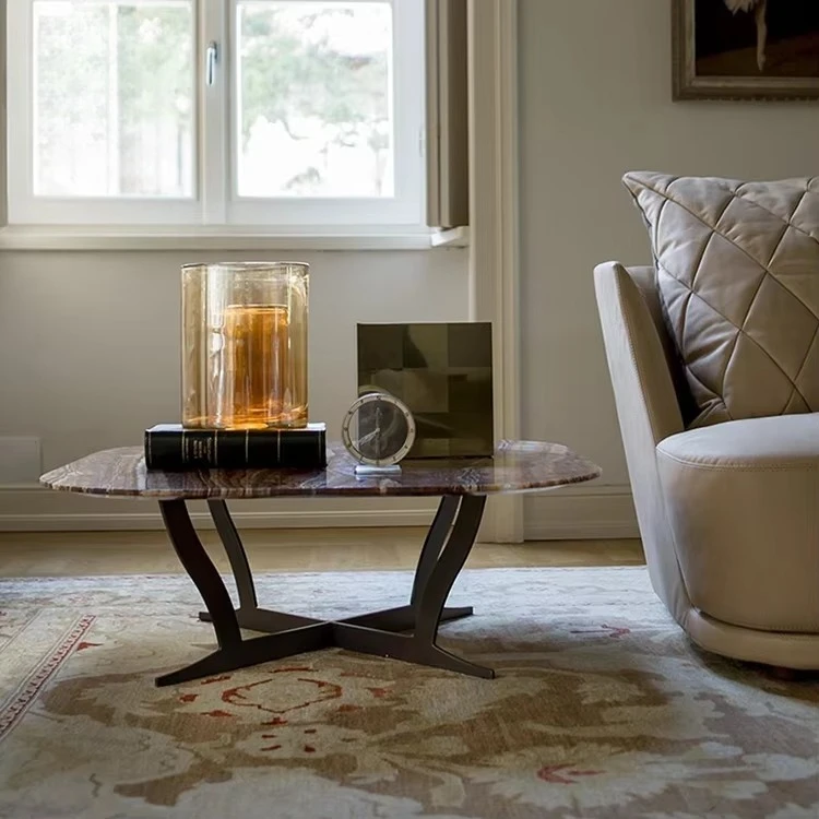 Modern Coffee Table, Tempered Glass Top with Tapered Metal Cross Base, Luxury Marble Look Center Table for Living Room
