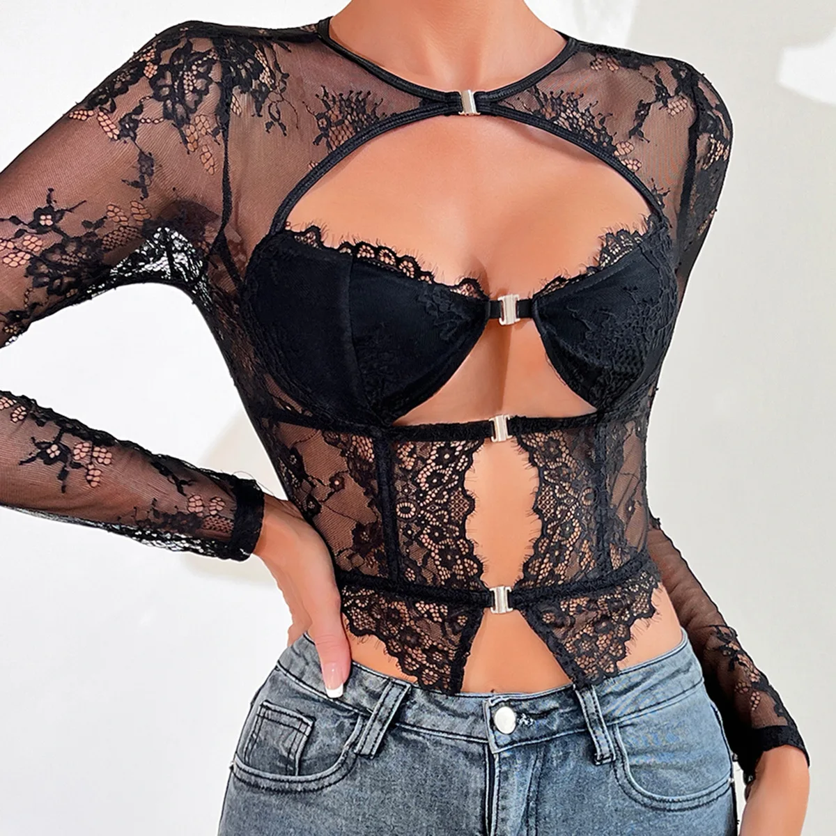 2024 New Sexy Lace Clairvoyant Bustier Women Long Sleeved Top Brassiere Underwired Bra Fishbone Corset Slim Fit Top