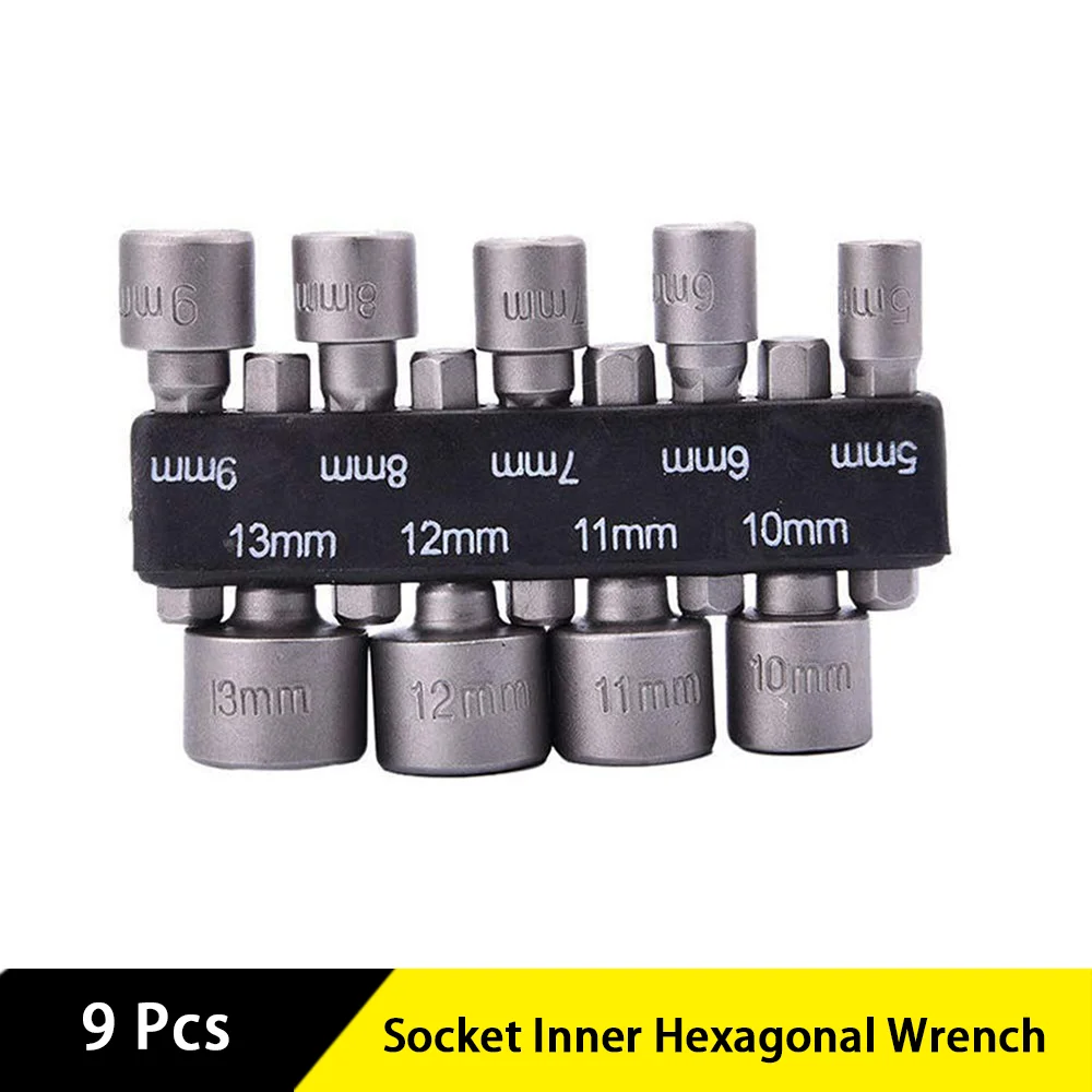 1/4 Inch Socket Inner Hexagonal Wrench 9 Pcs with 5-13 mm Metric Socket Strong Sleeve Wrench Screw Power Drill Adapter Tool