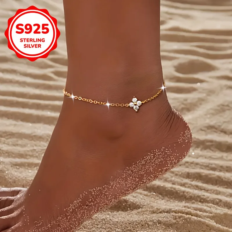 S925 Sterling Silver Hypoallergenic Clover Flower CZ Anklet Fashion Daily Wear Vacation Valentine Birthday Mother Day Gift