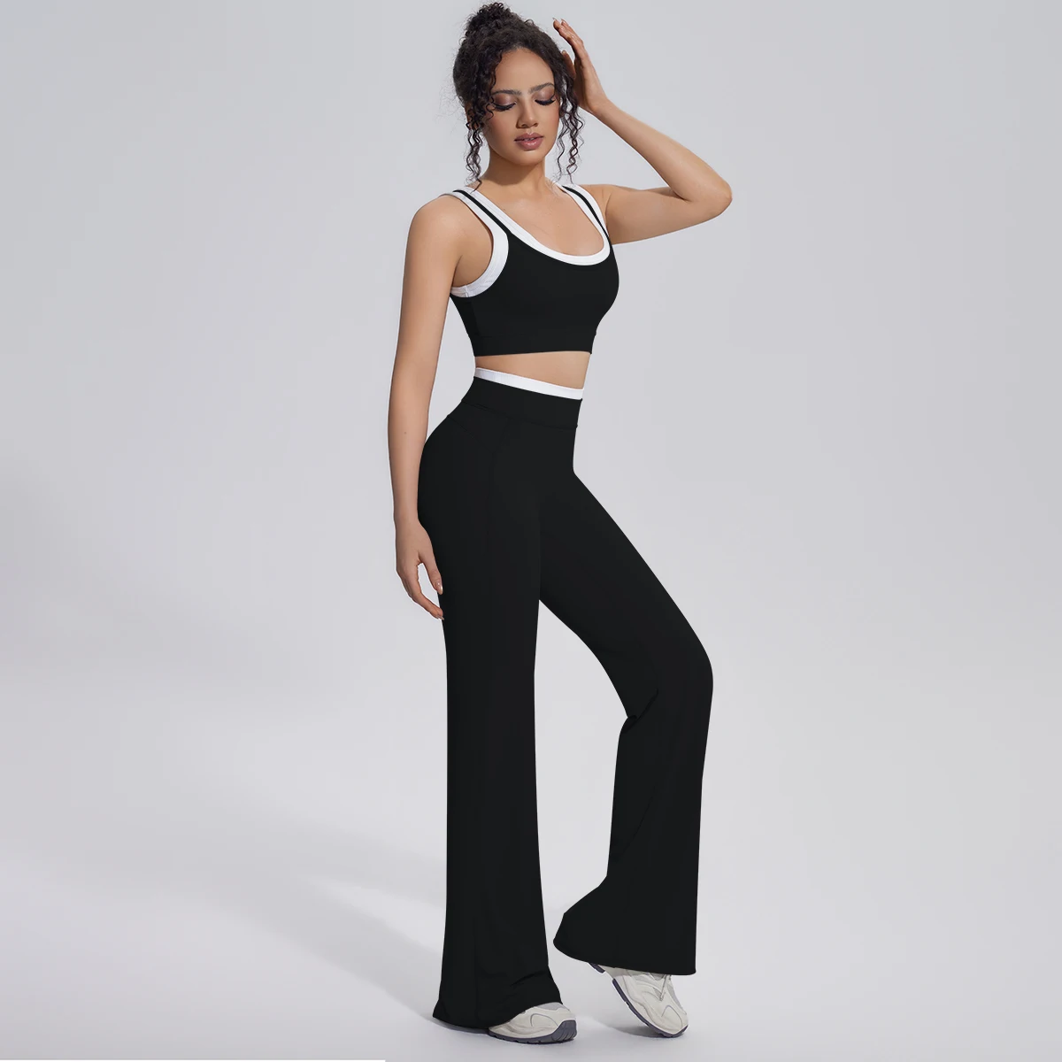 Neues Farbblock-Set mit Schönem Rücken-Yoga-BH und Weiten Hosen für Sommer, Fitness, Laufen und Workout, Hochelastisches, Lockeres Schlaghosen-Oberteil – Detail 10
