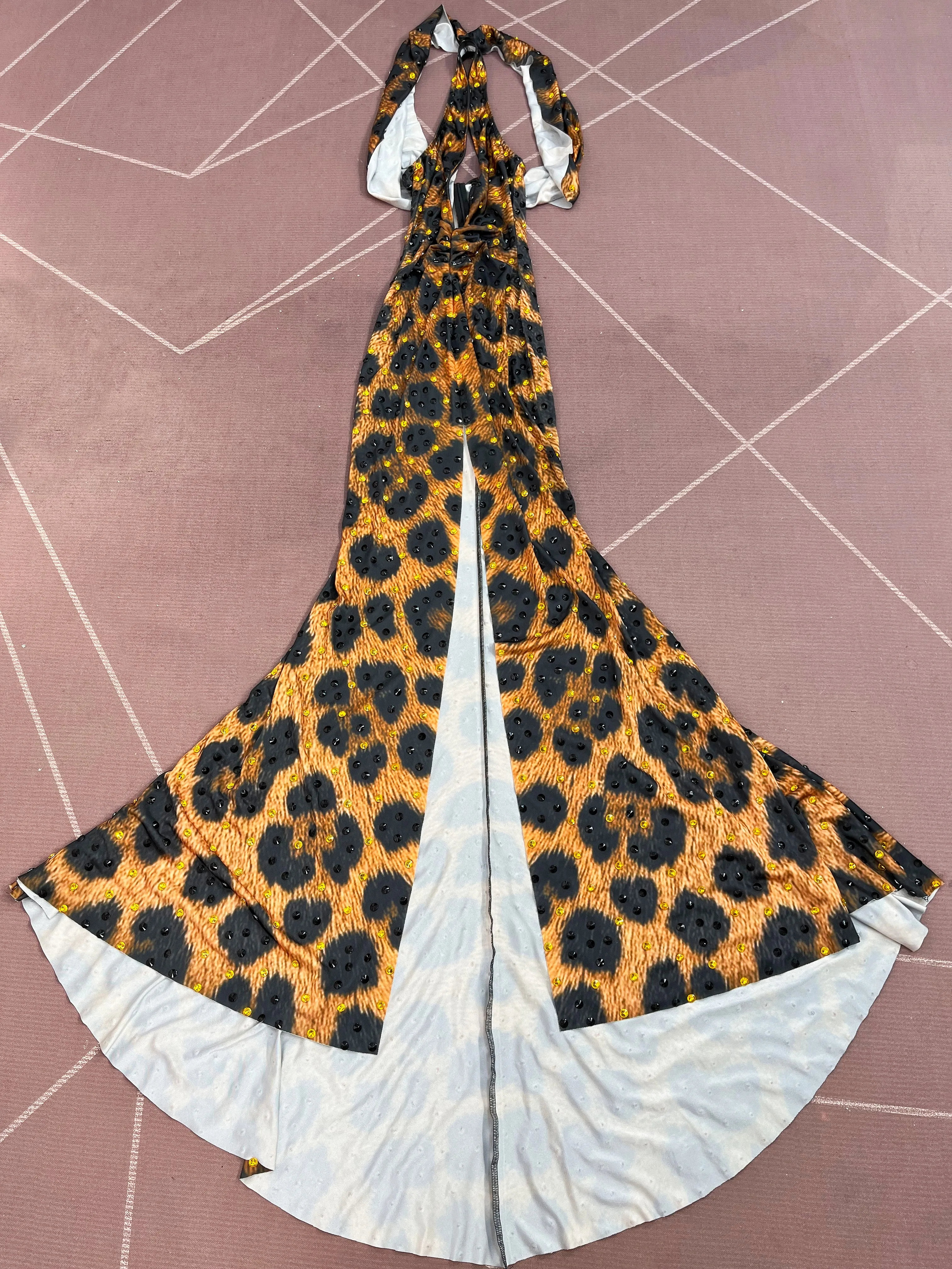 High-end Shining Rhinestones Leopard Print Sexy V-neck Tippet Dress Women Evening Party Gown Red Carpet Show Stage Outfit Baozha view 6