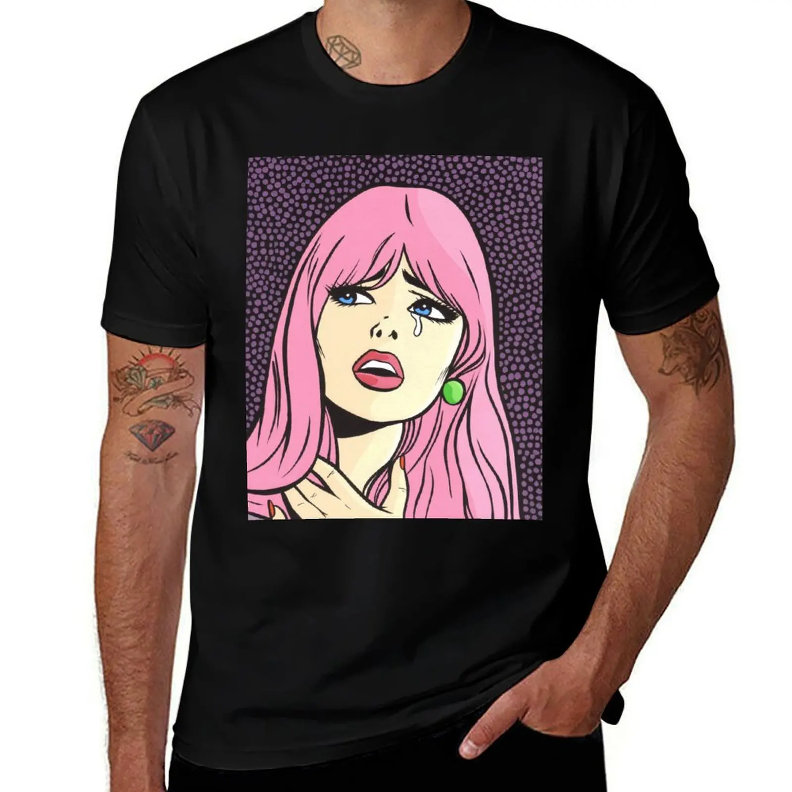 

Pink Pop Art Crying Comic Girl T-Shirt anime t shirts for man man t shirts cotton T-Shirt
