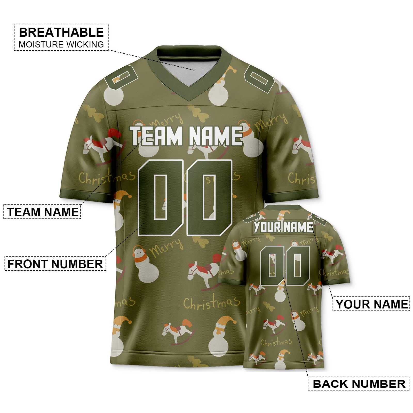 Khaki Christmas Custom Football Jersey Festive Pattern Shirt Printed Team Name Number Personalized Gift for Men Women Youth Kids