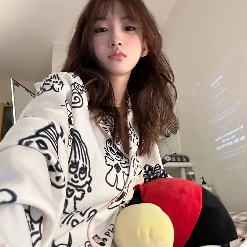 

Women's Pajamas New Autumn Spring Long Sleeve Soft Sleepwear Set Striped cartoon pyjama Woman Home Nightwear Set Cardigan