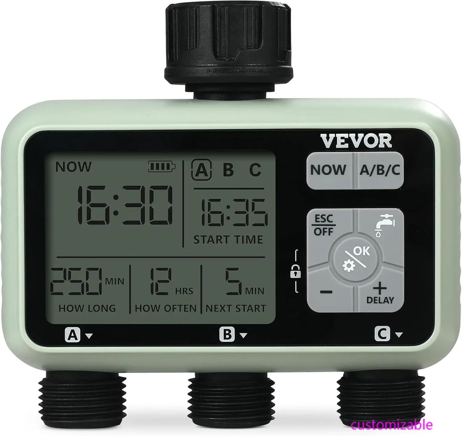 

Water Timer, 3 Outlets, Hose Watering Sprinkler Timer, with 3 Independent Watering Zone LCD Display Rain Delay Mode Manual Mode