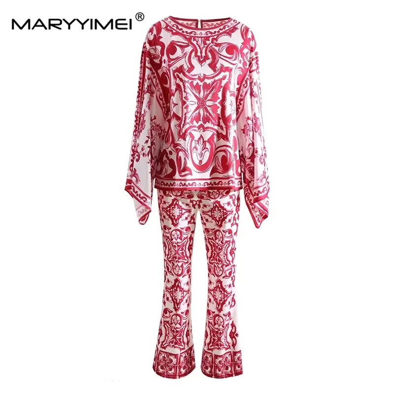 

MARYYIMEI Red Porcelain Print Vintage Suit Spring Autumn Batwing Sleeve Top＋Flare Pants Holiday Two Piece Set