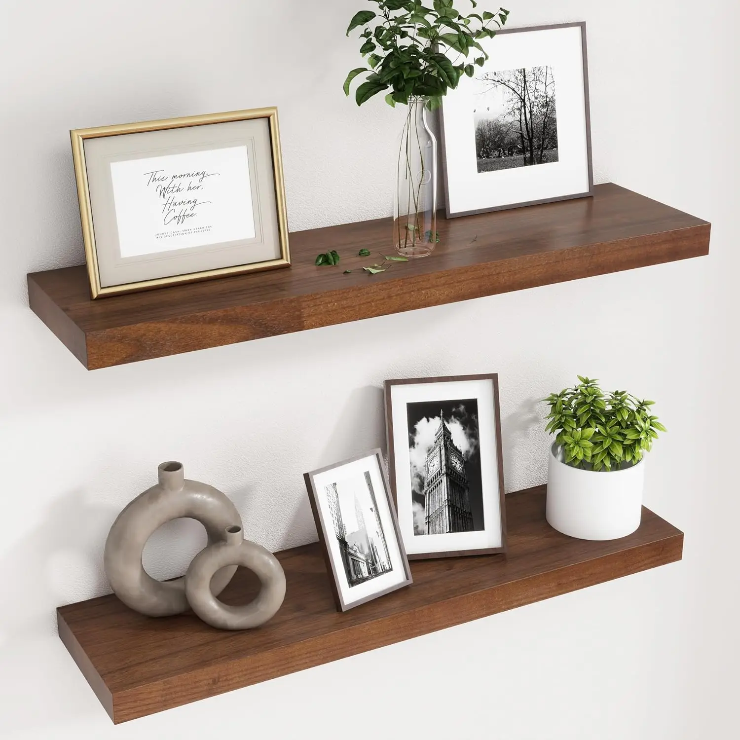 

30 Inch Floating Shelves for Wall Set of 2, Rustic Wood Wall Shelves for Living Room Bedroom Bathroom Home Office - Walnut