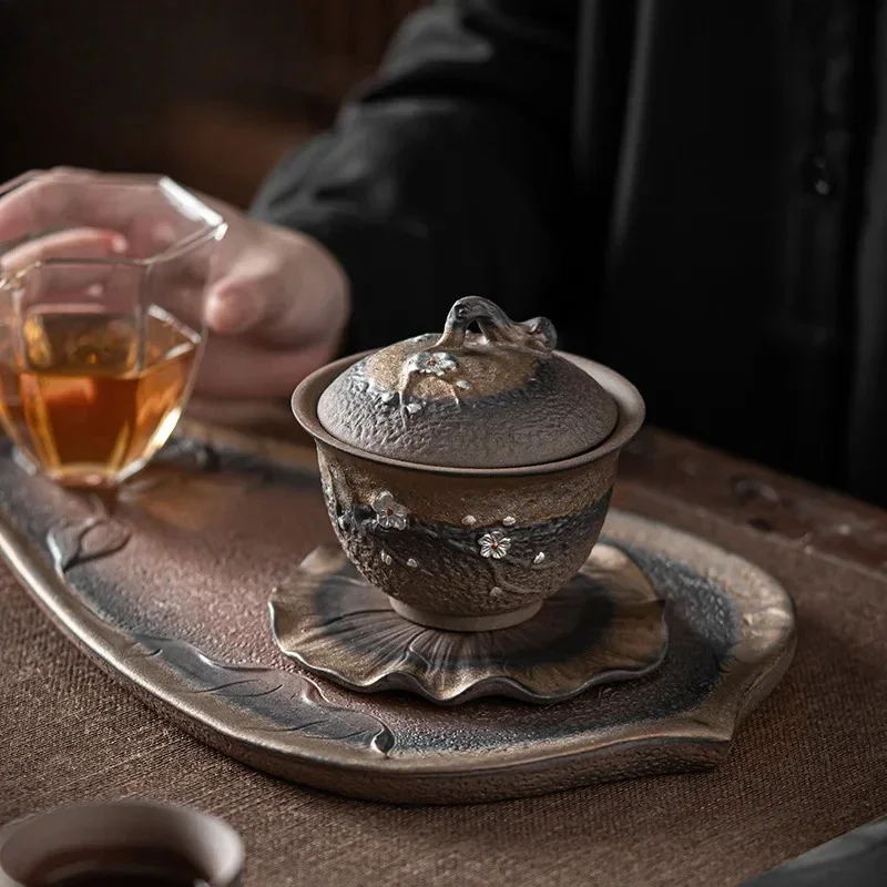 200ml Japanese Gilded Iron Glazed Gaiwan Handamde Plum Blossom Pottery Tureen Tea Tea Maker Cover Bowl Chinese Set Craft