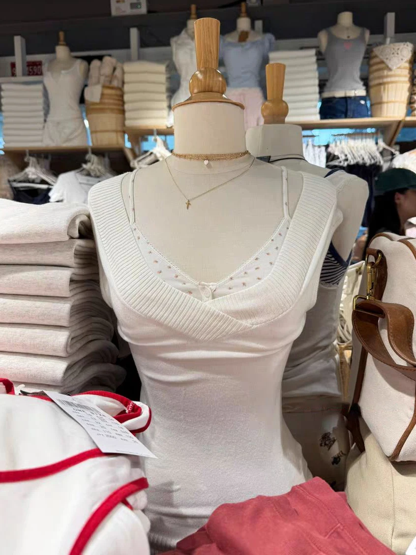 

Белая вязаная майка для женщин, летняя тонкая майка без рукавов с двойным v-образным вырезом, женская однотонная простая повседневная милая универсальная жилетка