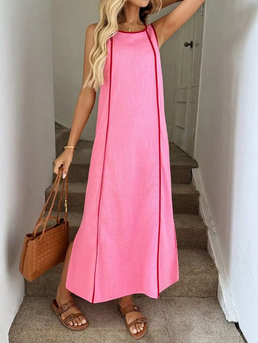 Vestido rosa y rojo sin mangas con cuello redondo y abertura lateral, estilo casual de verano para vacaciones, Día de la Madre, invitada a bodas, fiesta de té E