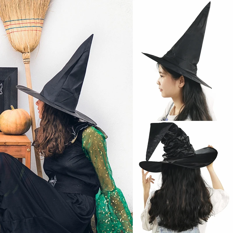 Halloween Witch Hat Unisex Balck Folds Wizard Peaked Cap for Men Women Halloween Party Cosplay Cap Headgear Festival Props Decor