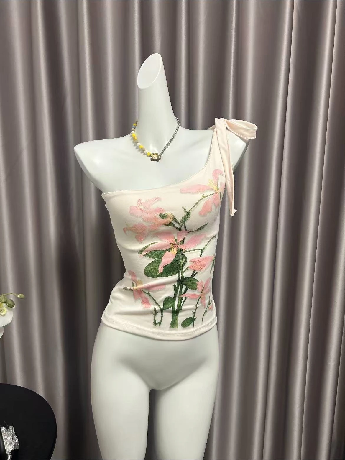Cottagecore Floral One Shoulder Camisole Women Adjustable Tie Strap Slim Fit Flounce Hem Vintage Botanical Print Sleeveless Top