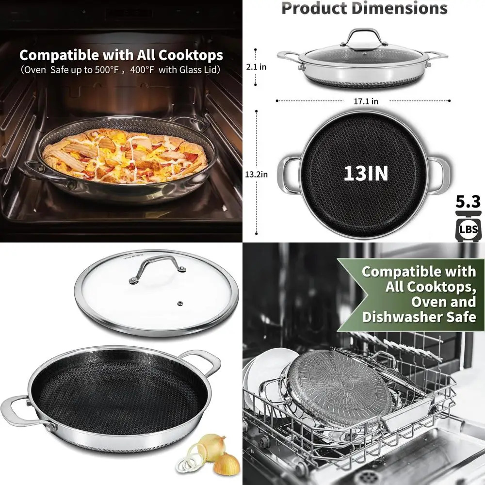 

13 Inch Multi-Functional Nonstick Skillet with Lid, Stainless Steel Paella Pan, Dishwasher and Oven Safe