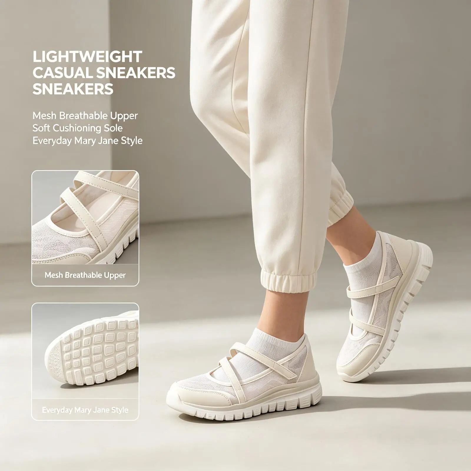 Skechers Off-White Mary Jane Sneakers Breathable Mesh Upper Adjustable Strap Cushioned Block Sole Lightweight Casual Sport Shoes