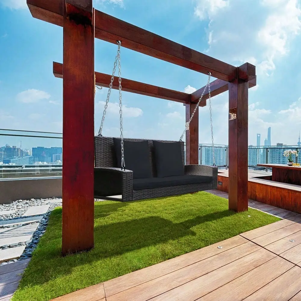 2-Person Patio Rattan Hanging Porch Swing Bench Chair Cushion Black