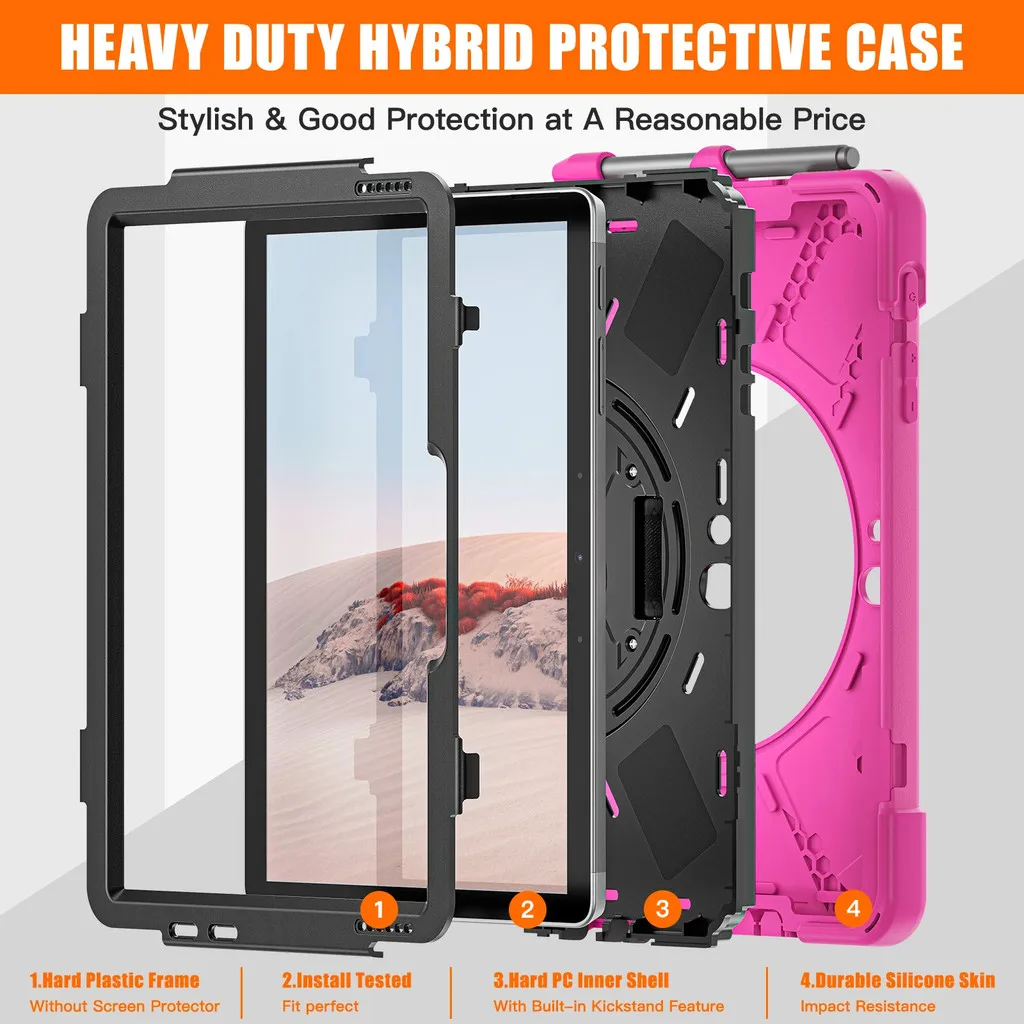 Rugged Case For Microsoft Surface Go 1 2 3 4 Rotating Stand Cover Shockproof With Hand & Shoulder Strap Hybrid Shell