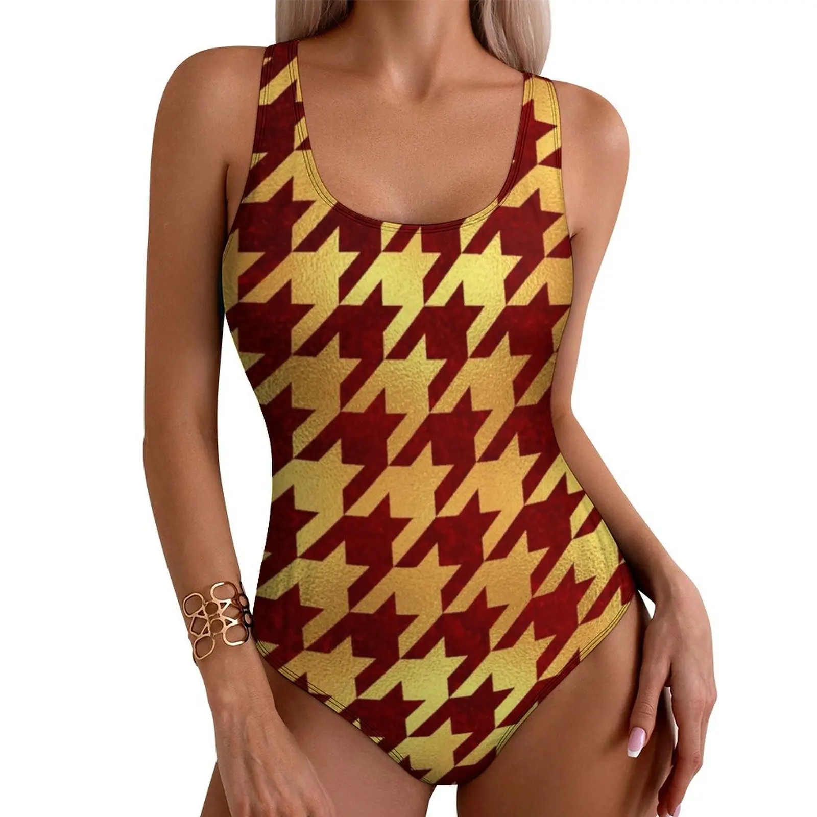 Red Gold Houndstooth Swimsuit Retro Print One-Piece Swimwear Push Up Sweet Bathing Suits Sexy Holiday Swim Design Bodysuit