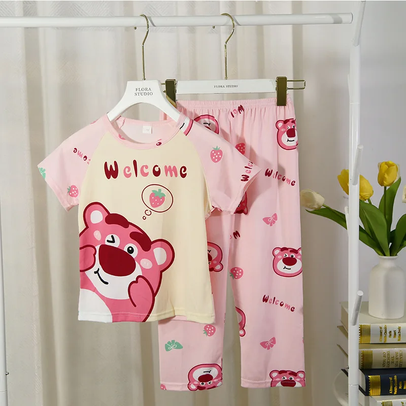 Girls Summer Short Sleeved Long Pants Children\'s Pajamas Sets for Children Thin Girls Cartoon Pajama Girl Sleepwear Robe Mother