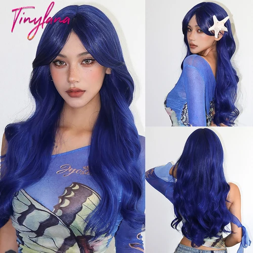 Pelucas sintéticas onduladas y rizadas largas de color azul profundo con flequillo para mujer, pelucas de Cosplay de Halloween coloridas azules, pelo Natural resistente al calor