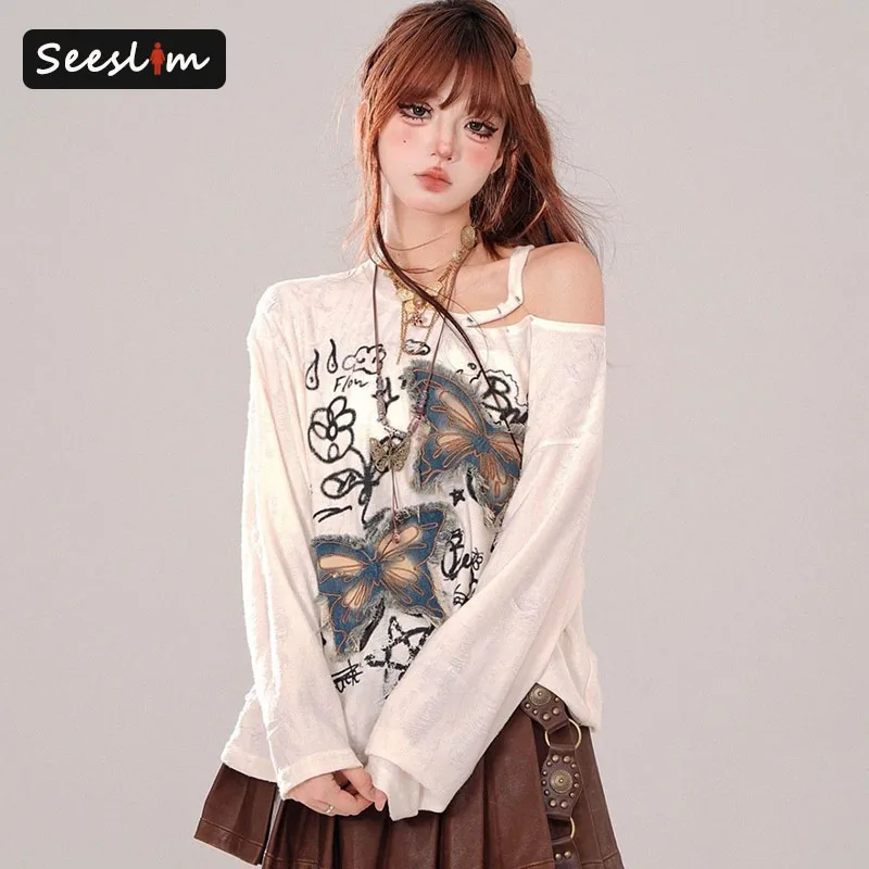 Seeslim Hotsweet Graphic T Shirts Long Sleeve 2000s Clothes Y2k Loose Hollow Out Off Shoulder Autumn Tops Tees Female Clothing