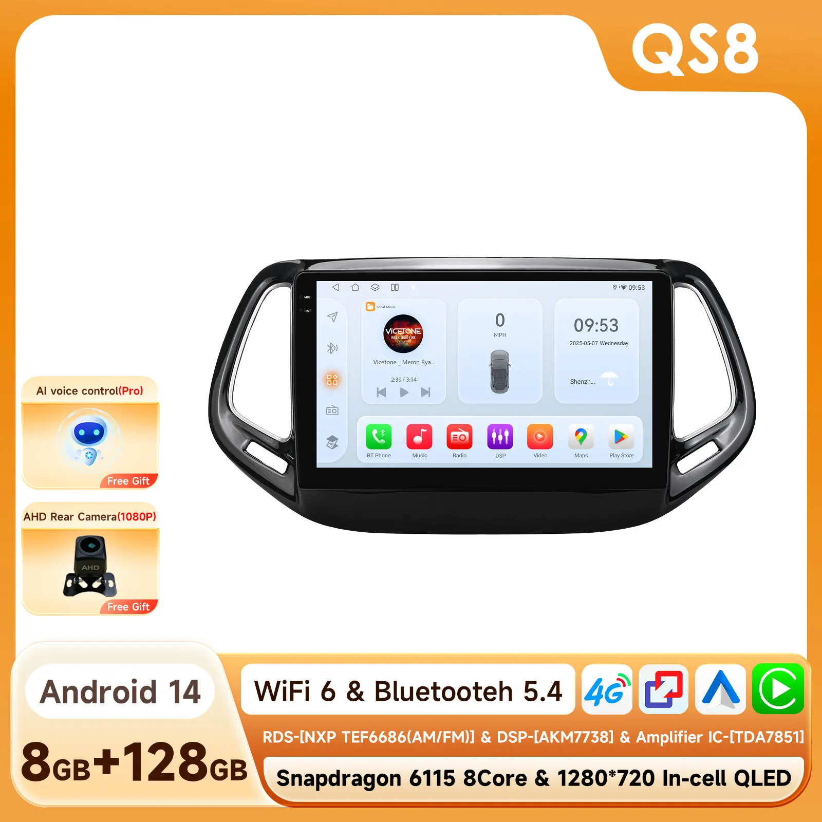 Draadloze CarPlay Android Auto autoradio voor Jeep Compass 2017 - 2020 GPS Intelligent Systems Stereo Multimedia Autoradio 4G 6115