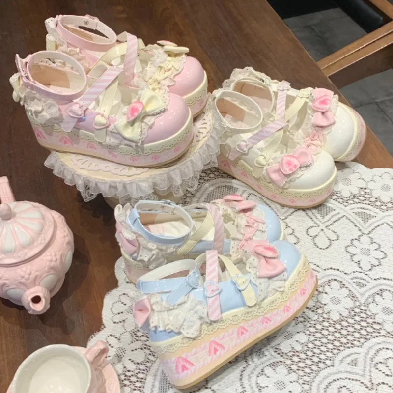 

Hot Seller New Cute Lolita Shoes with Sponge Sole, Thick Sole, Fairy Girl, Sweet Cream, Strawberry, Little Leather Shoes