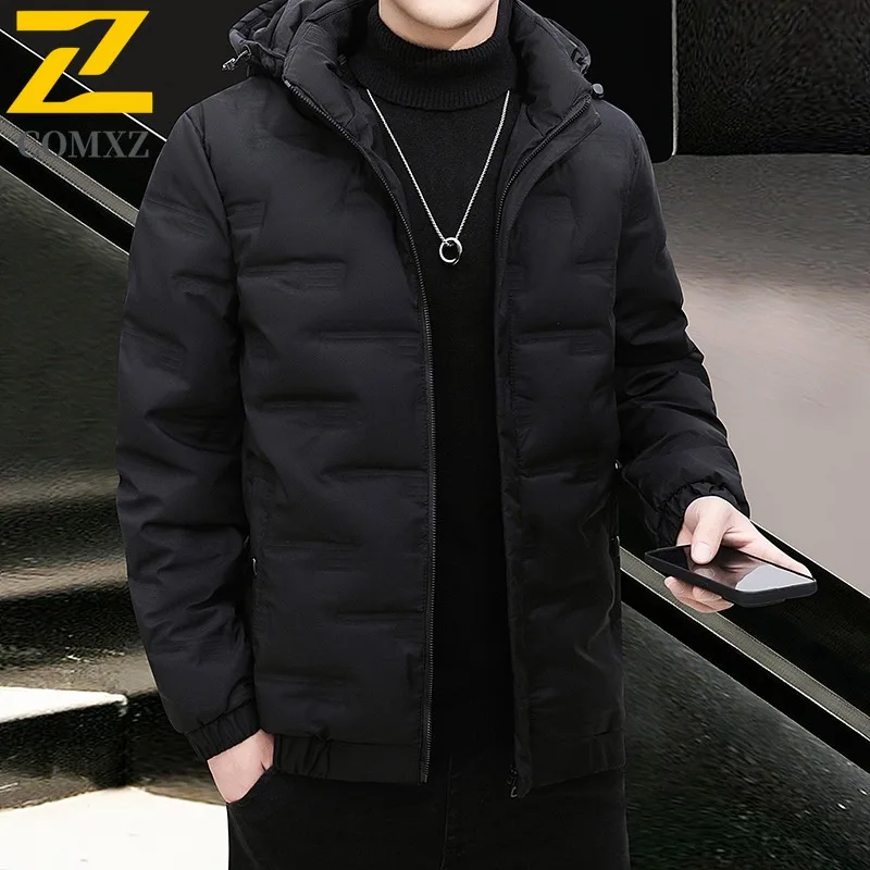 COMXZ 2025 Mens Winter Hooded Fleece Puffer Jacket American style Waterproof and Windproof Trendy Casual Outdoor Sports Coat