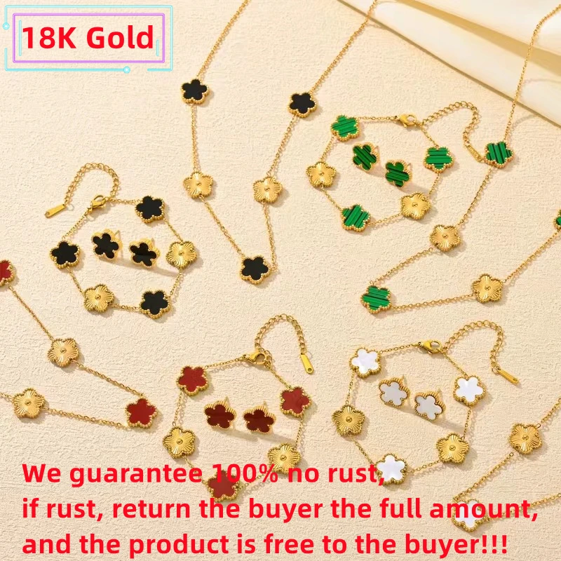 High Quality Real 18K Gold 3 pieces of plum blossom plant five leaf necklace, bracelet, earrings, women's jewelry set