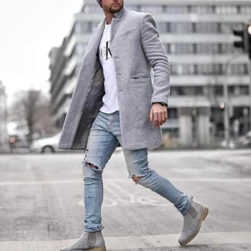 Autumn Winter Men's Jacket Turn-Down Collar Trench Coat Single Breasted Lapel Woolen Mid-Length Outerwear